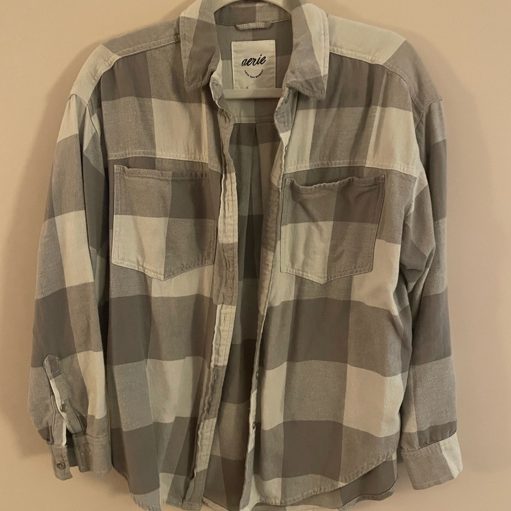 Aerie Gray and Cream Checkered Flannel Shirt